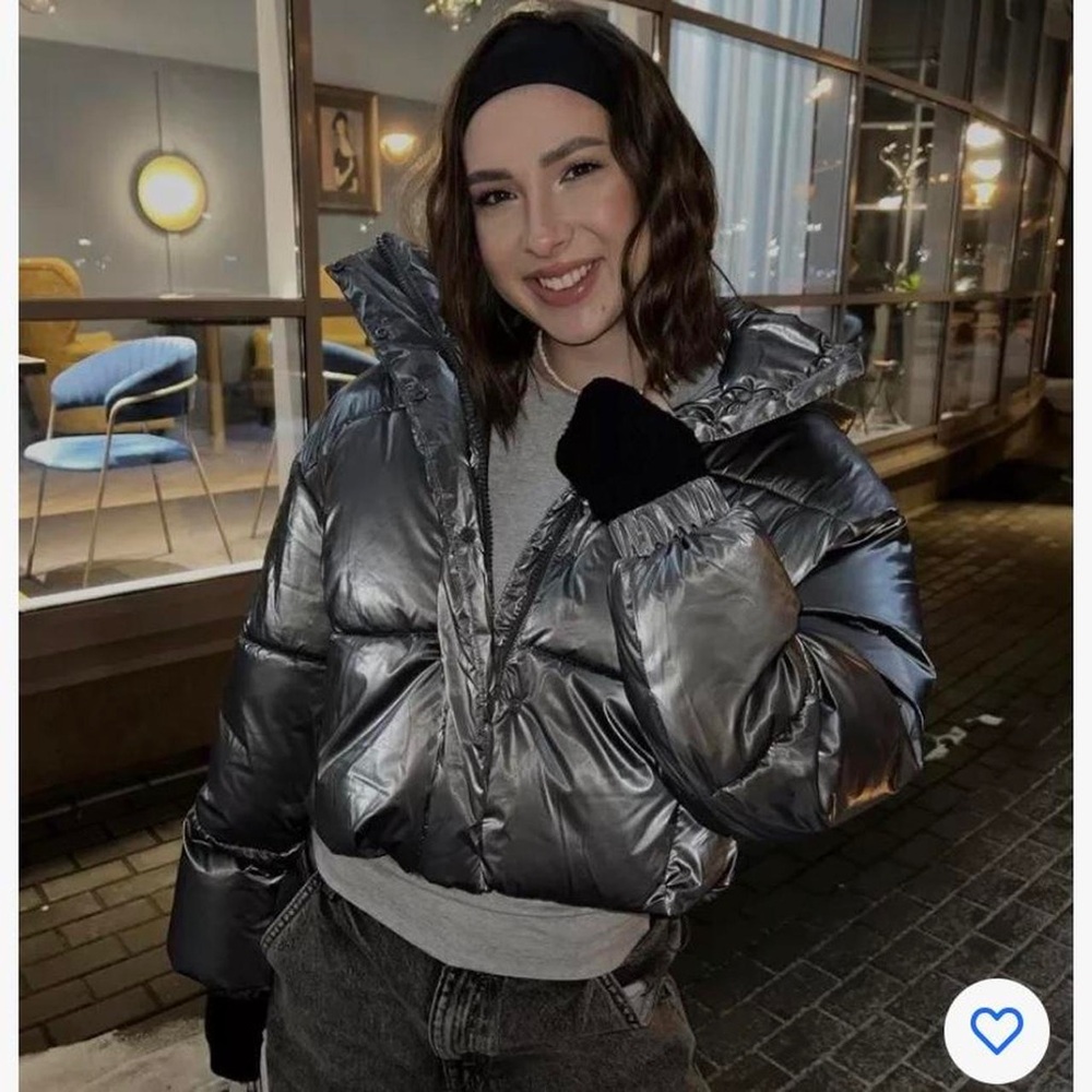 Zara Silver Puffer Jacket with High Collar